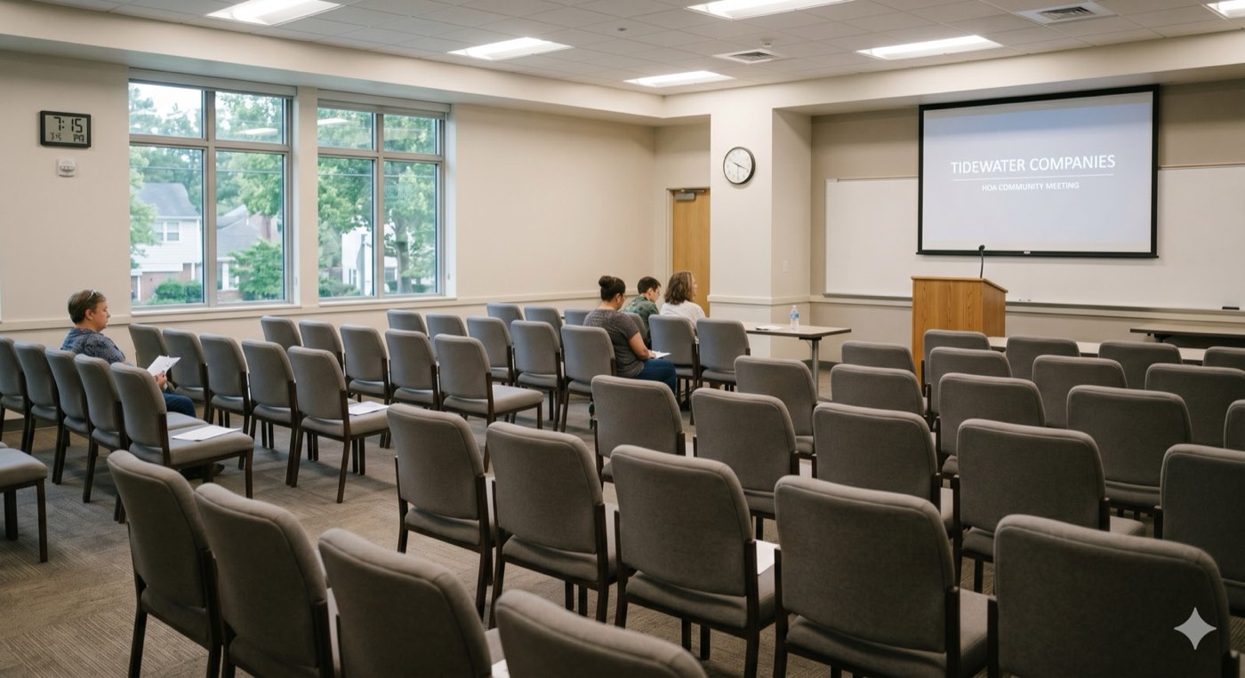 Nearly empty HOA community meeting room with rows of vacant chairs and a Tidewater Companies presentation on screen — illustrating the quorum challenge at annual meetings